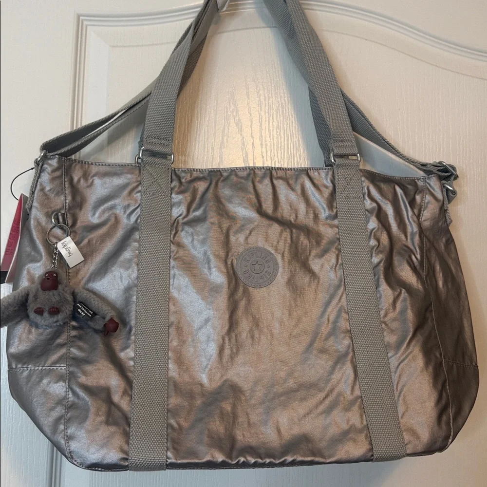 Kipling Adara Large Crossbody Tote Bag Smooth Silver Metallic